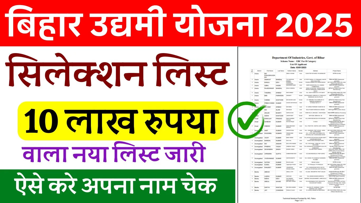 Bihar Udyami Yojana 2025 Selection List